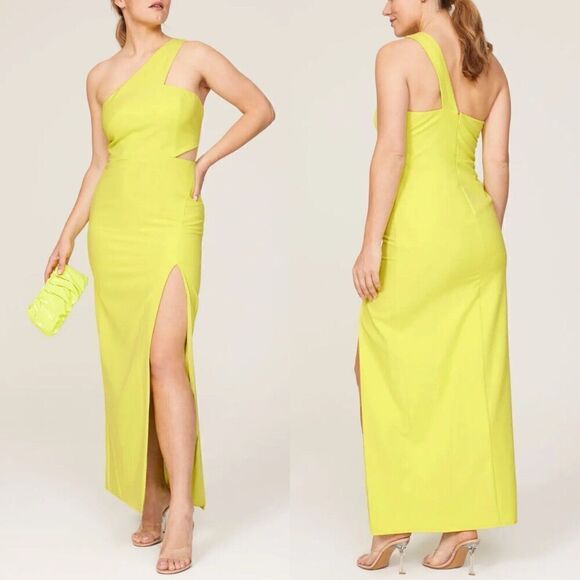 AIDAN Aidan Mattox Gown Women 6 Neon Green One Shoulder Sheath Cut Out High Slit - Picture 11 of 11